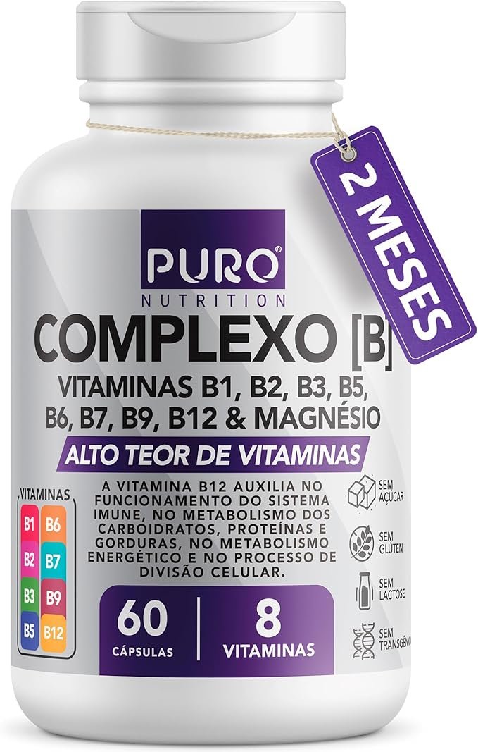 Complexo B Puro Nutrition – Vitaminas B1, B2, B3, B5, B6, B9, B12 e Magnésio, 60 Cápsulas Complexo B Puro Nutrition – Vitaminas B1, B2, B3, B5, B6, B9, B12 e Magnésio, 60 Cápsulas - Imagem 1