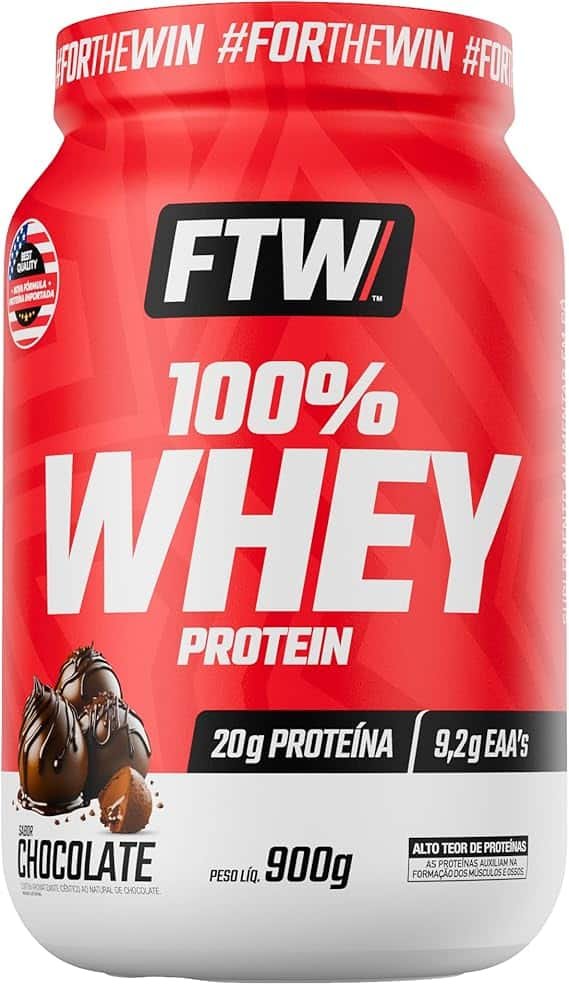 FTW 100% Whey Protein com Proteína Concentrada WPC, Suplemento Alimentar (4) FTW 100% Whey Protein com Proteína Concentrada WPC, Suplemento Alimentar Pós-Treino em Pó com Fonte de Proteína do Soro do Leite, Alto Valor Biológico, Sem Glúten – Pote 900g (Sabor Chocolate) - Imagem 1