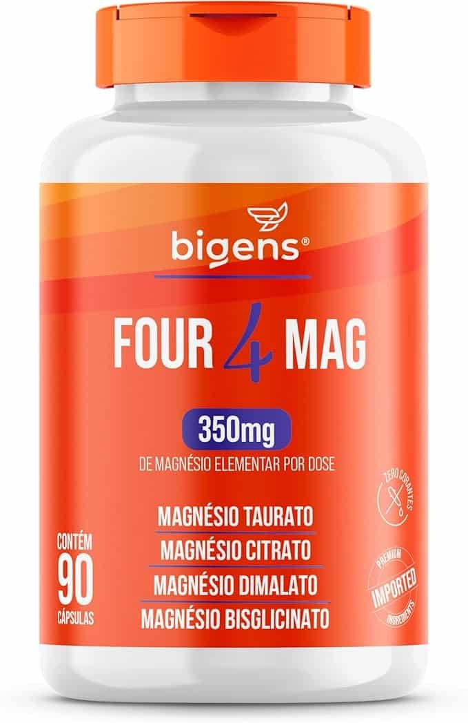 Four Mag, 4 Magnésio (taurato, citrato, dimalato, bisglicinato), 350mg de Magnésio Elementar, 90 Cápsulas, Bigens Four Mag, 4 Magnésio (taurato, citrato, dimalato, bisglicinato), 350mg de Magnésio Elementar, 90 Cápsulas, Bigens - Imagem 1