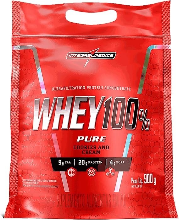 Integralmédica - Whey Protein Concentrado Cookies and C900g Integralmédica - Whey Protein Concentrado Cookies and Cream 100% Pure - 21g de Proteína por Scoop, Suplementação Alimentar Pós-Treino, Fórmula Enriquecida com BCAAs - Pouch 900g - Imagem 1