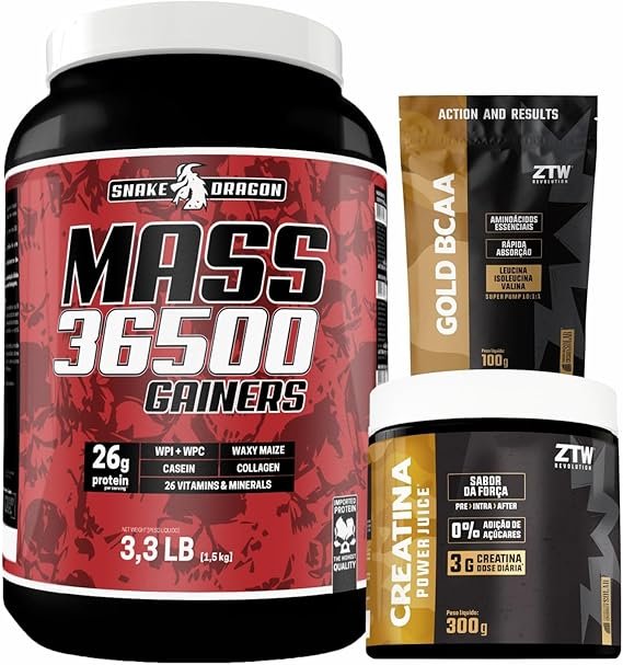 Kit Hipercalorico Mass 36500 Pote 1,5Kg Com Whey Protein Isolado e Concentrado + Creatina Monohidratada Pote 300g Carboidratos + Bcaa Gold Kit Hipercalorico Mass 36500 Pote 1,5Kg Com Whey Protein Isolado e Concentrado + Creatina Monohidratada Pote 300g Carboidratos + Bcaa Gold Refil 100g Super Pump 10:1:1 (1,5Kg, Mousse de Morango) - Imagem 1